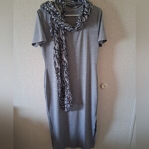 Simple Grey Knit Dress with Black & White Scarf